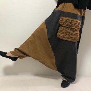 【新品】アシンメトリーサルエルパンツ　斜めカット　ゾウポケット(イエロー)(サルエルパンツ)