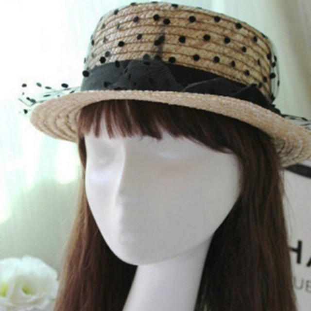 ドット チュール リボン 麦わら帽子 レディースの帽子(麦わら帽子/ストローハット)の商品写真