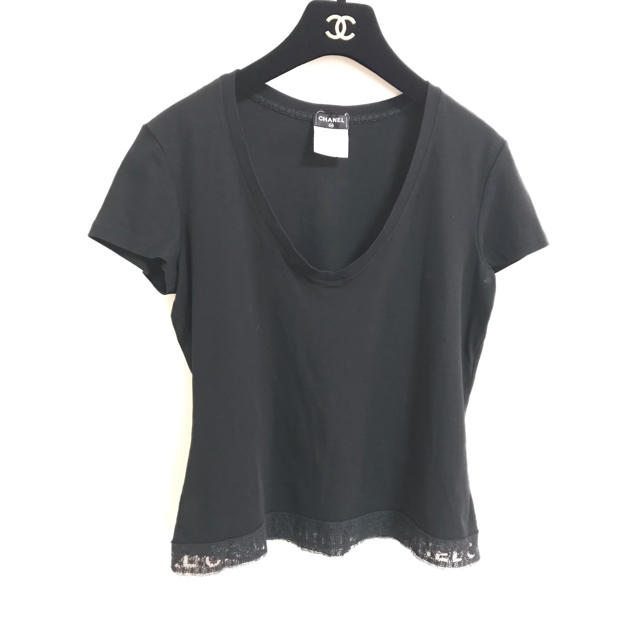 美品 CHANEL ロゴレース Tシャツ カットソー ブラック シャネル | www