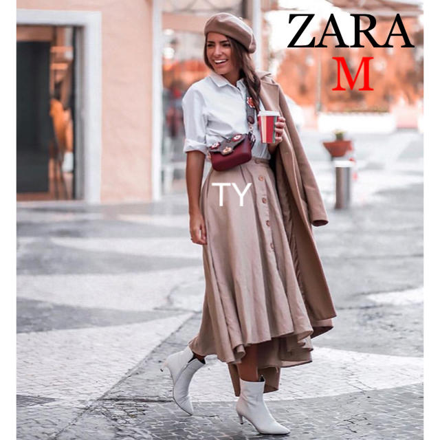 ZARA(ザラ)の完売品 ザラ リネン フレア スカート フロントボタン ベージュ ラテカラー 麻 レディースのスカート(ロングスカート)の商品写真