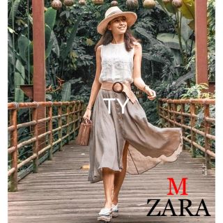 ザラ(ZARA)の完売品 ザラ リネン フレア スカート フロントボタン ベージュ ラテカラー 麻(ロングスカート)