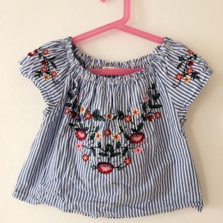 ザラキッズ(ZARA KIDS)の【美品】ZARA Girls ストライプ 刺繍 Tシャツ トップス(Tシャツ/カットソー)