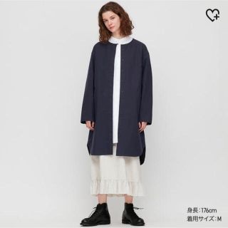 ユニクロ(UNIQLO)のユニクロ イネス コットン ノーカラー コート Mサイズ ネイビー(ノーカラージャケット)