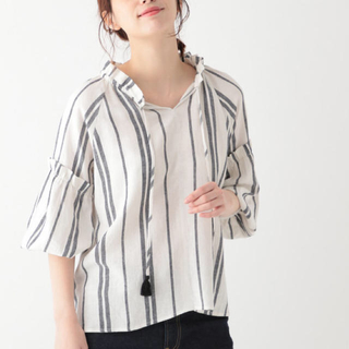 新品✨定価5600円　麻ブラウス　ネイビーXXL or ブラウンXL、　XXL (シャツ/ブラウス(長袖/七分))