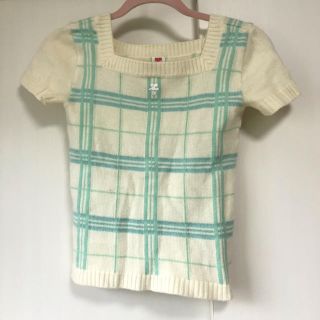 クレージュ(Courreges)のクレージュ 半袖 サマーセーター ニット  オフホワイト×グリーン チェック(ニット/セーター)