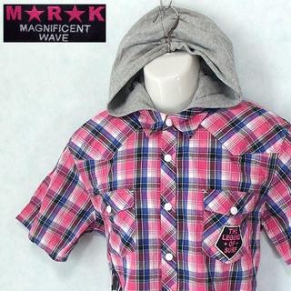 【MRK】 美品 ピンクチェック半袖フード付きシャツ 綿100% サイズLL(シャツ)