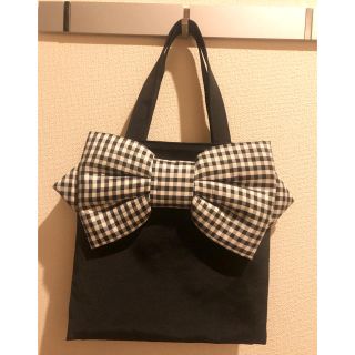 ドゥロワー(Drawer)のMUGUET リボンバッグ　ギンガムチェック　ブラック　美品(トートバッグ)