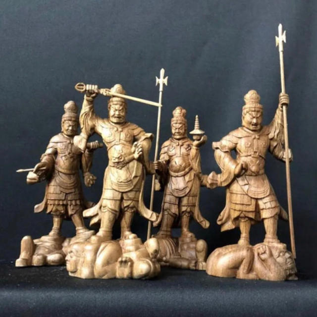 仏教工芸品 総ケヤキ材 木彫仏像 精密彫刻 一刀彫り 四天王像一式彫刻