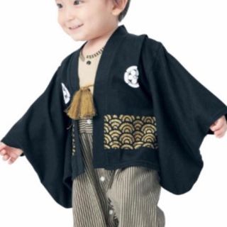 90cm❤︎紋付き羽織り袴ロンパース男の子黒　袴風カバーオールはかま初節句(和服/着物)