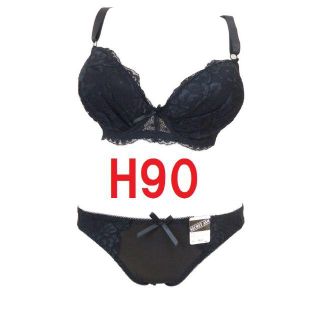 Ｈ90/3L・ブラック●レースブラジャー＆ショーツ/グラマーカップ Hカップ(ブラ&ショーツセット)