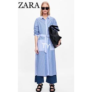 ザラ(ZARA)の完売品 ザラ ストライプ柄 シャツ ワンピース ベルト パッチワーク ドレス 白(ロングワンピース/マキシワンピース)