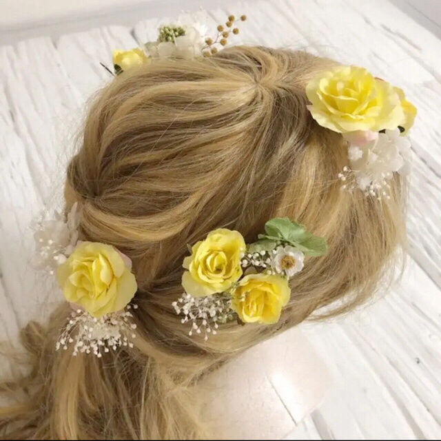 花冠アレンジ イエロー系 かすみ草 薔薇 髪飾り ヘッドドレス