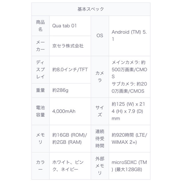 京セラ(キョウセラ)のしん様専用 Qua tab 01 ネイビー 本体のみ スマホ/家電/カメラのPC/タブレット(タブレット)の商品写真