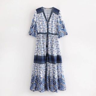 ザラ(ZARA)の新作☆ボヘミアン ロング ワンピース リゾート マキシ ワンピース ブルー(ロングワンピース/マキシワンピース)