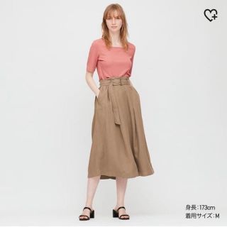 ユニクロ(UNIQLO)のユニクロ　ベルテッドリネンレーヨンロングスカート　ブラウンMサイズ(ロングスカート)