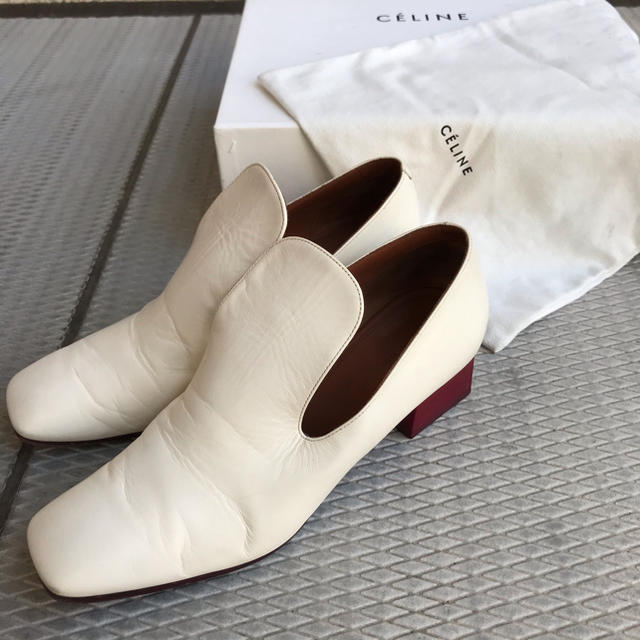 セリーヌCELINE 白チャンキースクエアトゥパンプス37h(24.5cm)