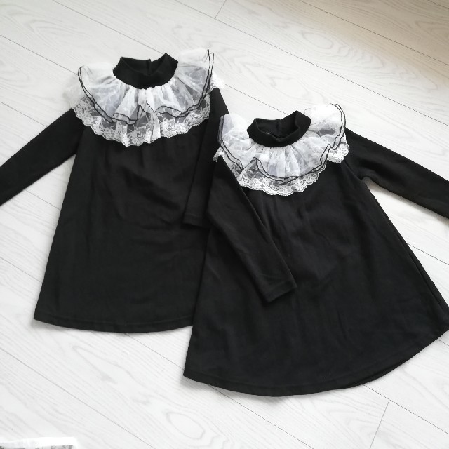 ブラック レースのフリフリ襟が可愛いワンピース 110cm キッズ/ベビー/マタニティのキッズ服女の子用(90cm~)(ワンピース)の商品写真