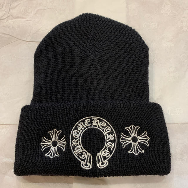 Chrome Hearts(クロムハーツ)の新作 レア クロムハーツ ホースシュー 刺繍 ニット キャップ ブラック メンズの帽子(ニット帽/ビーニー)の商品写真