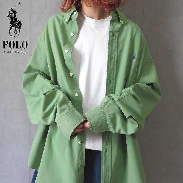 POLO RALPH LAUREN(ポロラルフローレン)の90s ラルフローレン 刺繍ロゴ オーバーシャツ くすみグリーン 古着女子 レディースのトップス(シャツ/ブラウス(長袖/七分))の商品写真