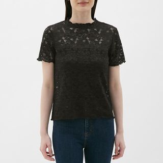 ジーユー(GU)の【GU】レースフリルネックT(半袖) M(Tシャツ(半袖/袖なし))