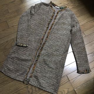 ザラ(ZARA)のザラZARA　金ラメ入カラフルツイードフリンジ付ノーカラー薄手ロングアウター春秋(ロングコート)