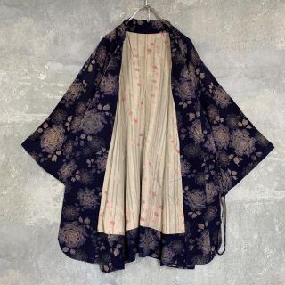 ◇雰囲気抜群◇ 着物 モダンコート 羽織 刺繍 薔薇 ネイビー 総柄
