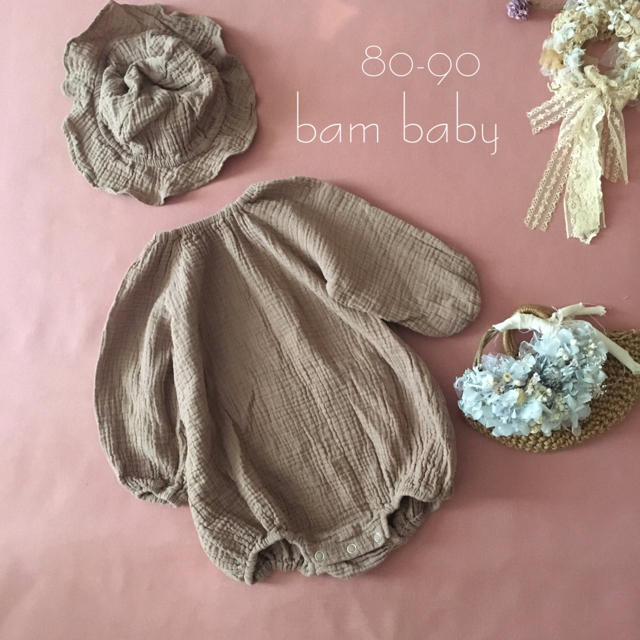 韓国子供服 bam baby フレンチワッフルロンパース80-90帽子付♡ キッズ/ベビー/マタニティのベビー服(~85cm)(ロンパース)の商品写真