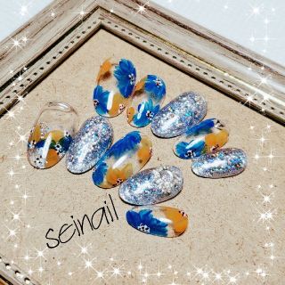 ネイルチップ シルバー  ネイルチップ seinail 花柄 ネイル　ブルー