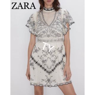 ザラ(ZARA)の完売品 限定 ザラ 刺繍 総レース ワンピース フリル ビーズ ビジュー ドレス(ひざ丈ワンピース)