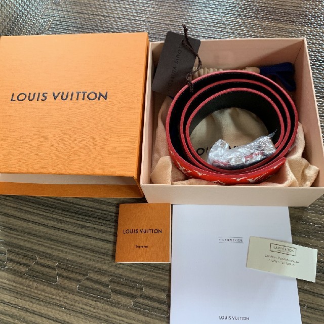 LOUIS VUITTON x SUPREME Belt LV Initial Buckle Monogram Red 90/36 MP015  SP2117