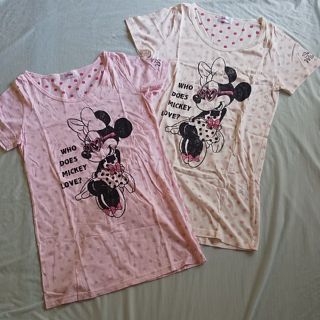 ディズニー(Disney)のミニーマウスドット柄Ｔシャツ＊ピンク&ホワイト(Tシャツ(半袖/袖なし))