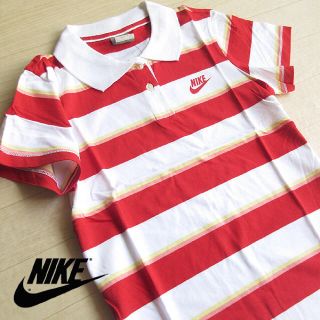 ナイキ(NIKE)の新品 Mサイズ NIKE ナイキ マルチボーダー 半袖ポロシャツ 白×赤(ポロシャツ)