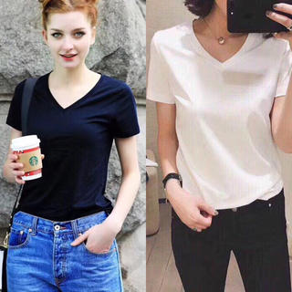 無地 Tシャツ 白/黒 2枚セット Vネック レディース(Tシャツ(半袖/袖なし))