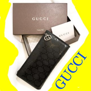 グッチ(Gucci)の中古★グッチ GUCCI 長財布 インターロッキングG エナメル レザー 黒(長財布)