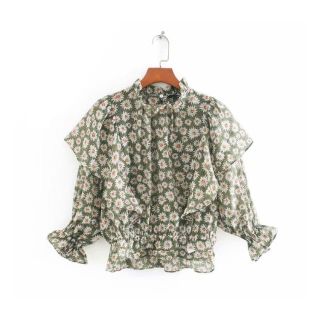 ザラ(ZARA)の1585＊S/S green マーガレット 花柄 シフォン ブラウス(シャツ/ブラウス(長袖/七分))