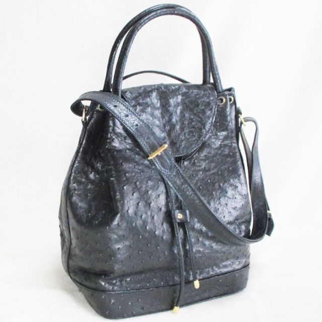 アピアン オーストリッチ 2wayバッグ かぶせ蓋巾着タイプ ブラック 美品約32cmまち