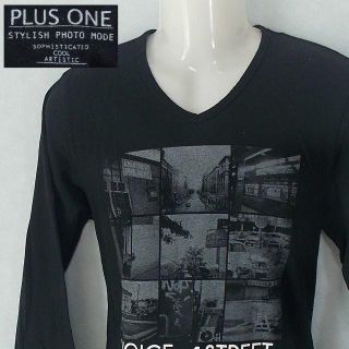 プラスワン(PLUS ONE)の【PLUS ONE】 美品 プラスワン ブラックデザイン長袖Tシャツ L(Tシャツ/カットソー(七分/長袖))