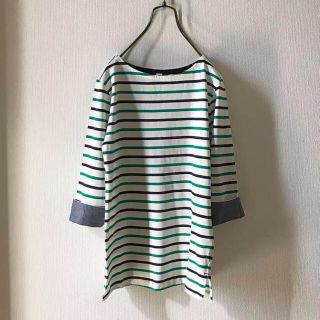 新品☆送料無料☆袖口シャンブレー七分袖ボーダーカットソー グリーン プルオーバー(Tシャツ(長袖/七分))