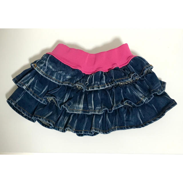 ティアードスカート☆デニム　３段フリルスカート☆韓国　size 100  美品 キッズ/ベビー/マタニティのキッズ服女の子用(90cm~)(スカート)の商品写真