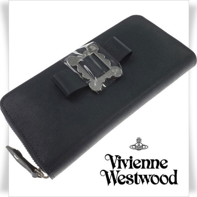 Vivienne Westwood(ヴィヴィアンウエストウッド)のヴィヴィアンウエストウッド 牛革 ラウンドファスナー 長財布 リボン 紺  レディースのファッション小物(財布)の商品写真