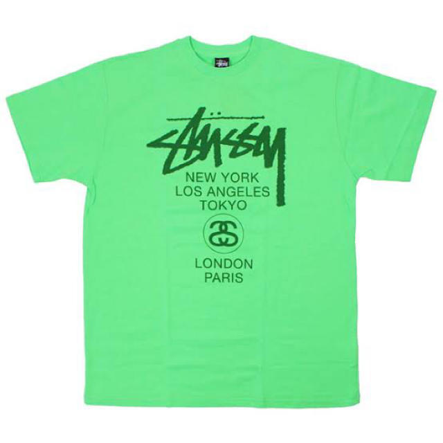 Tシャツ/カットソー(半袖/袖なし)STUSSY ステューシー ワールドツアープリントTシャツ ライトグリーン緑