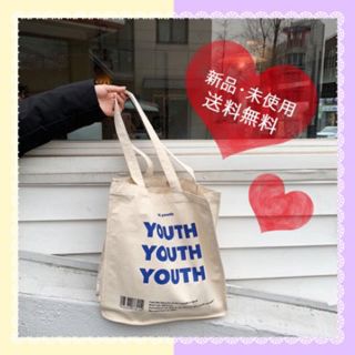 【 YOUTH ロゴ トートバッグ】韓国 肩掛け キャンバス ホワイト(トートバッグ)