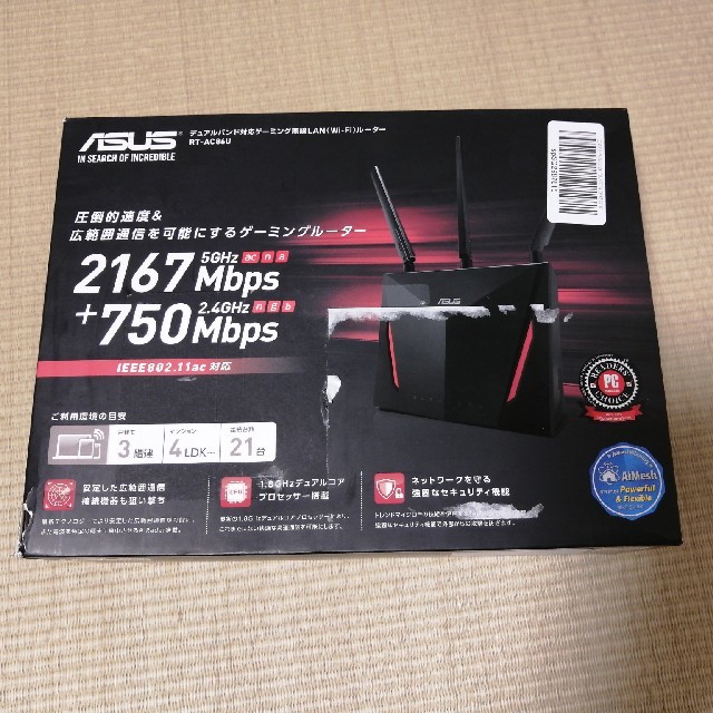 ASUS(エイスース)のASUS　高性能高速ゲーミングルータ　RT-AC86U スマホ/家電/カメラのPC/タブレット(PC周辺機器)の商品写真