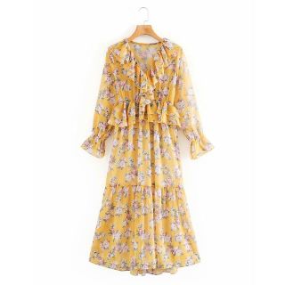 ザラ(ZARA)の1626＊S/S イエロー 花柄 ワンピース(ひざ丈ワンピース)