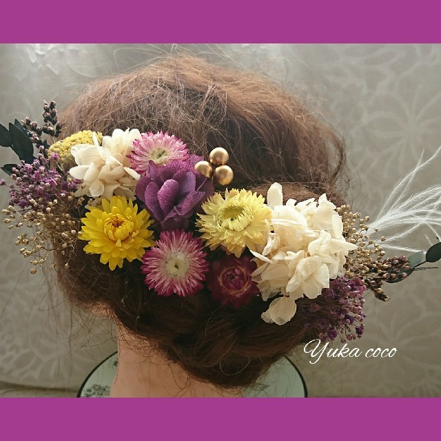 髪飾り　紫　ドライフラワー　ヘッドドレス　成人式　卒業式　結婚式　振袖　袴　祭り