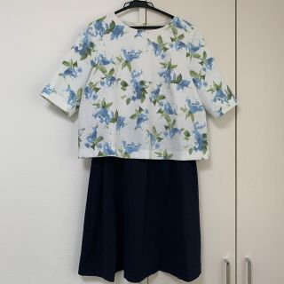 BEAMS HEART 花柄ワンピース　ネイビー　ドッキングワンピース