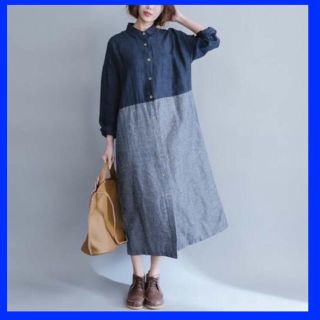 デニム　ストライプ　ロングシャツワンピース　ミモレ　マタニティ　産後　プレゼント(ワンピース)