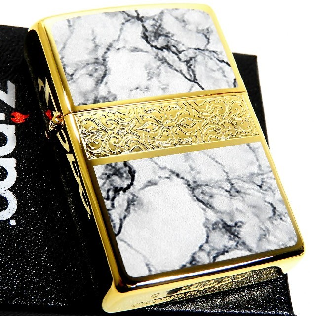 ZIPPO(ジッポー)の送料無料☆zippo☆両面加工☆大理石柄☆アラベスクラインG☆GD/WH☆ジッポ メンズのファッション小物(タバコグッズ)の商品写真