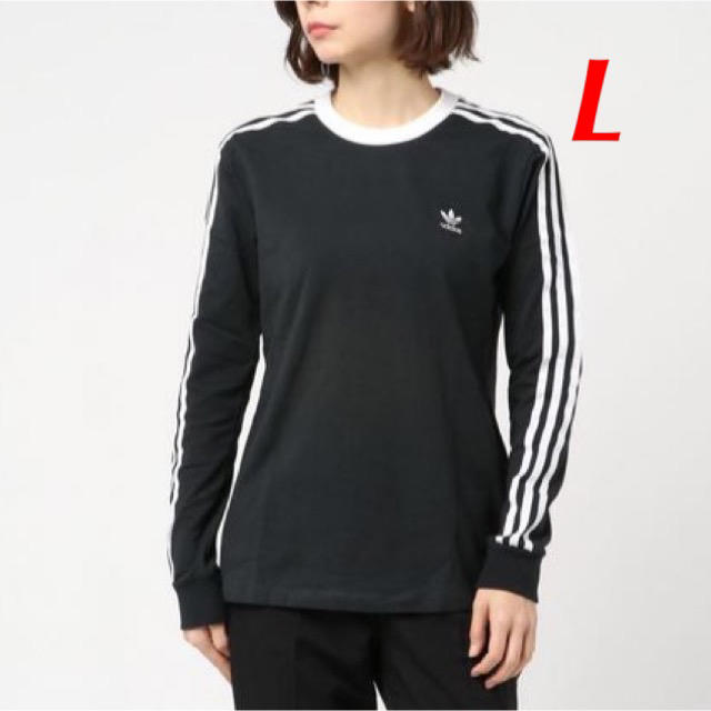 adidas(アディダス)の【レディースＬ】黒　3ストライプ　ロングスリーブＴシャツ レディースのトップス(Tシャツ(長袖/七分))の商品写真