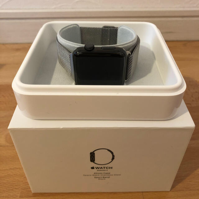 Apple Watch(アップルウォッチ)のapplewatch 2 42mm ブラックステンレス　純正レザーループ　他 メンズの時計(腕時計(デジタル))の商品写真